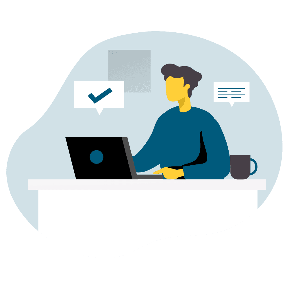 An illustration of a person sitting at a desk in front of a computer.