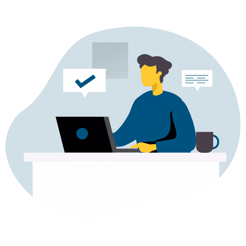 An illustration of a person sitting at a desk in front of a computer.