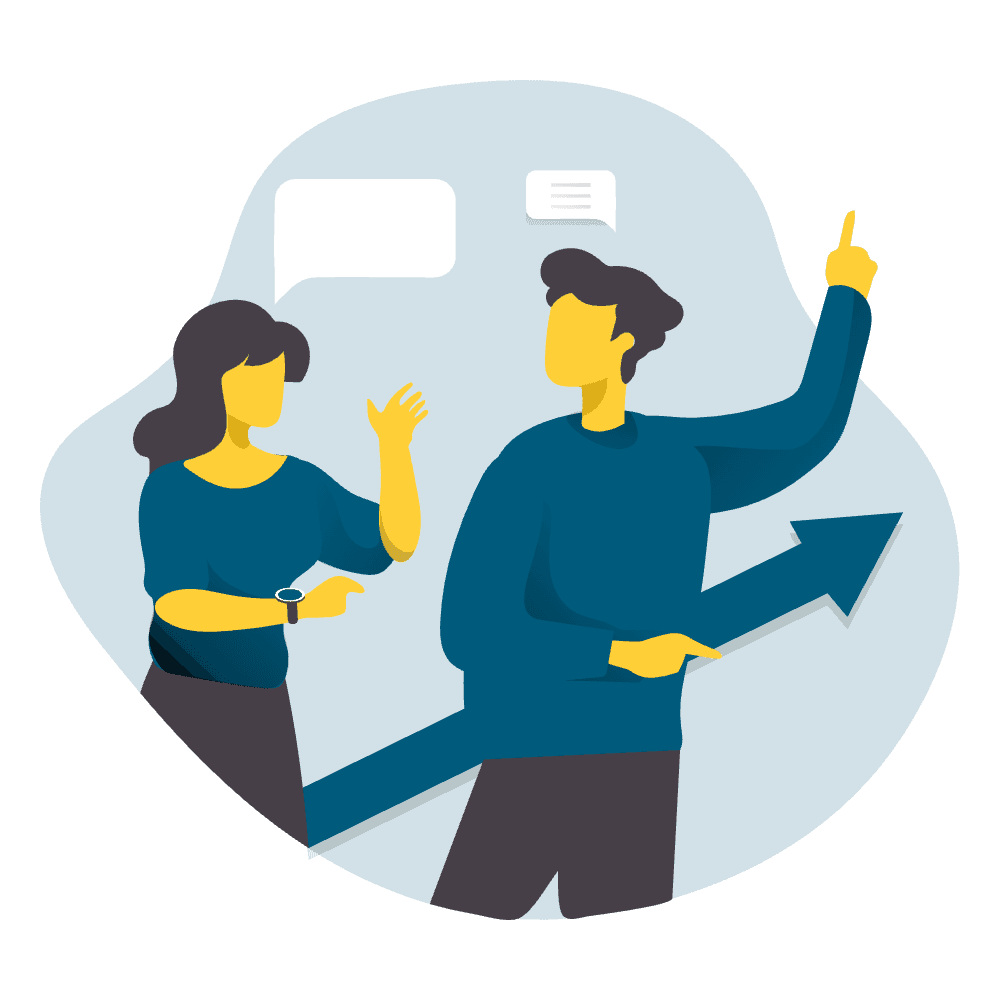 An illustration of a man with a woman going over office documents